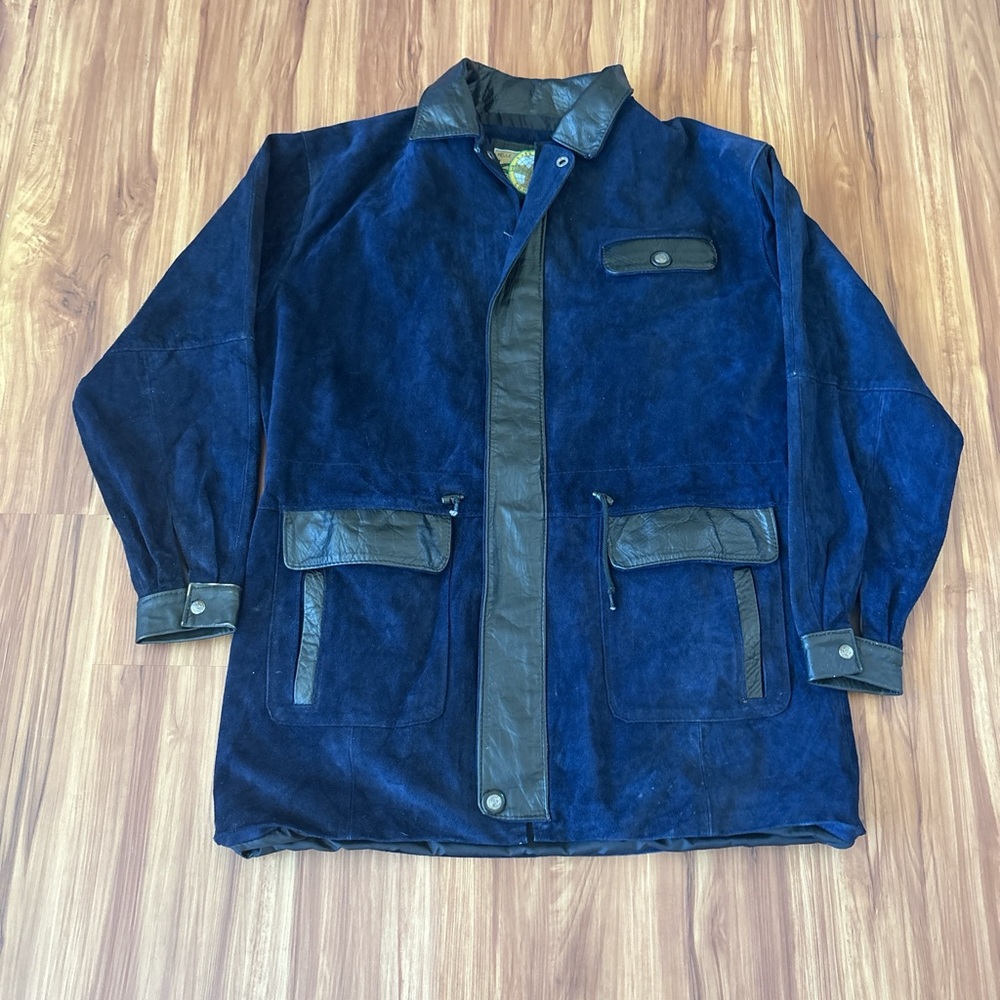 Men's Navy Suede Jacket with Black Leather Trim